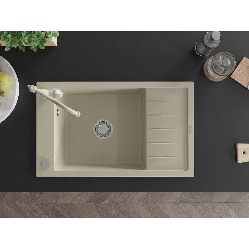 Mexen Elias 1-bowl granite sink with drainer and Carla kitchen tap, beige - 6511-69-670700-69