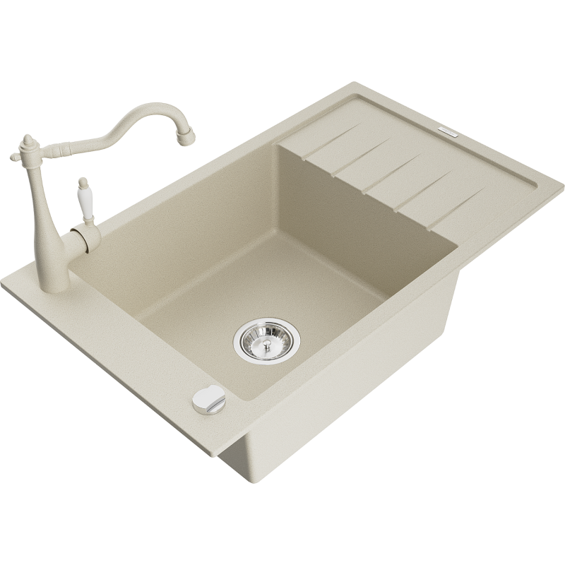 Mexen Elias 1-bowl granite sink with drainer and Carla kitchen tap, beige - 6511-69-670700-69