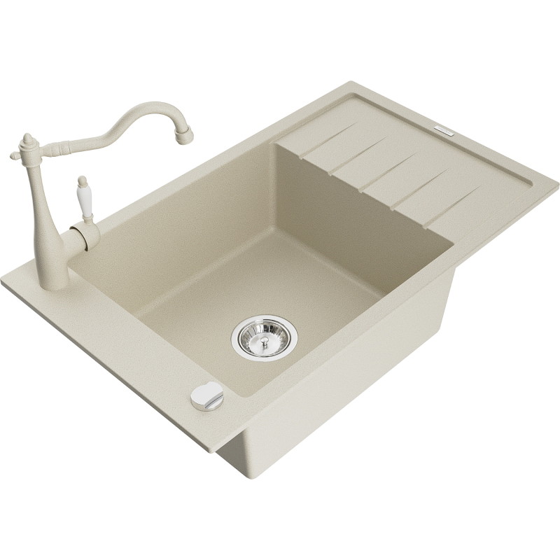 Mexen Elias granite kitchen sink 1-bowl with drainer and Carla kitchen faucet, beige - 6511-69-670700-69