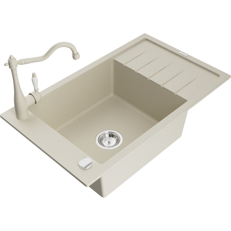 Mexen Elias 1-bowl granite sink with drainer and Carla kitchen tap, beige - 6511-69-670700-69