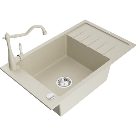 Mexen Elias 1-compartment granite sink with a drip tray and kitchen mixer tap Carla, Beige - 6511-69-670700-69