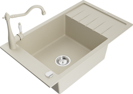 Mexen Elias 1-compartment granite sink with a drip tray and kitchen mixer tap Carla, Beige - 6511-69-670700-69