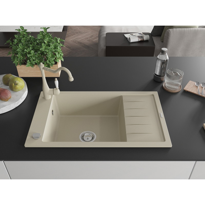 Mexen Elias granite kitchen sink 1-bowl with drainer and Carla kitchen faucet, beige - 6511-69-670700-69