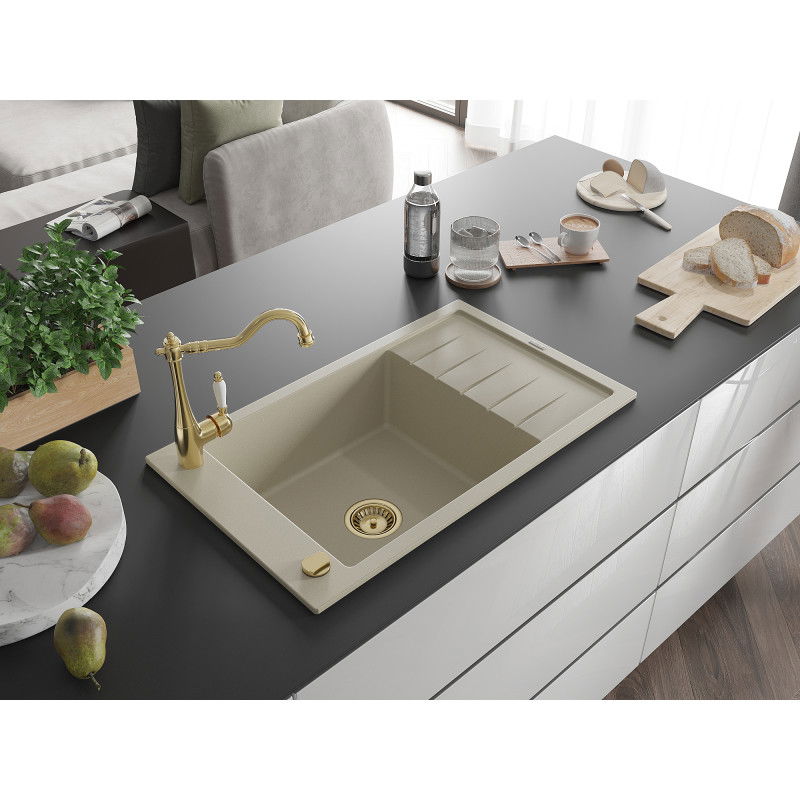 Mexen Elias 1-bowl granite sink with drainer and Carla kitchen tap, beige - 6511-69-670700-50