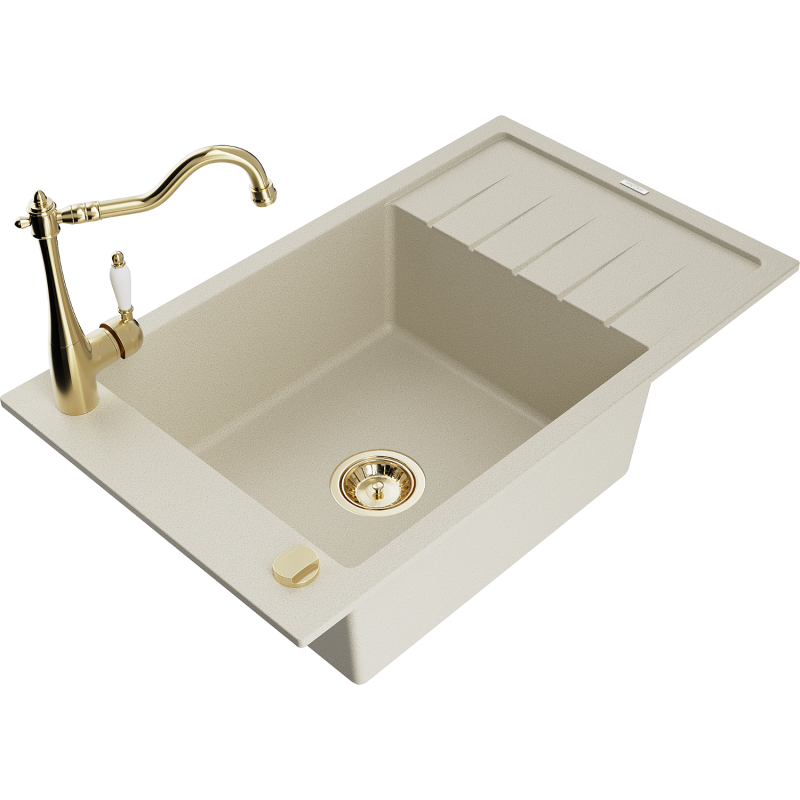 Mexen Elias 1-bowl granite sink with drainer and Carla kitchen tap, beige - 6511-69-670700-50