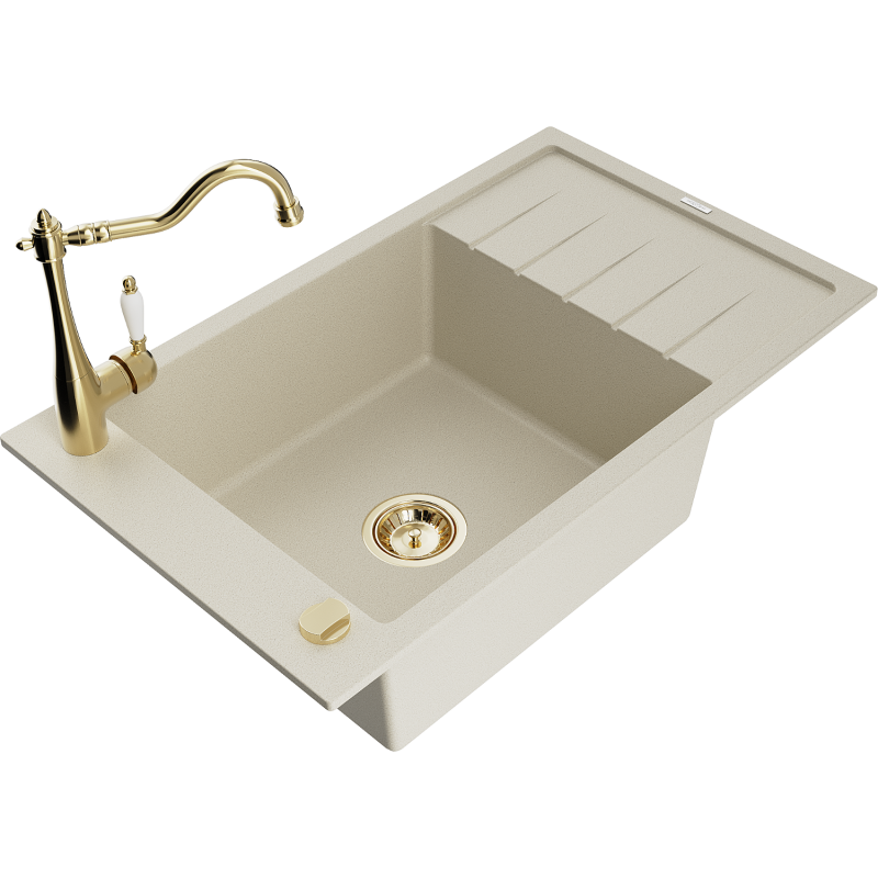 Mexen Elias 1-compartment granite sink with a drip tray and kitchen mixer tap Carla, Beige - 6511-69-670700-50