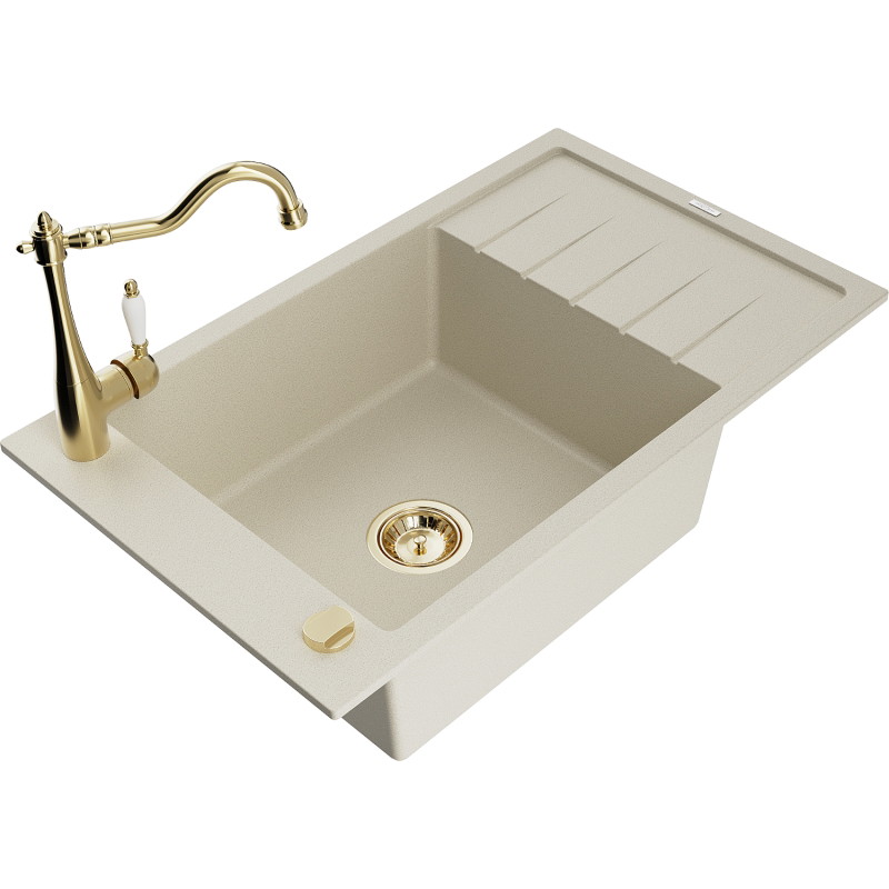 Mexen Elias granite kitchen sink 1-bowl with drainer and kitchen faucet Carla, beige - 6511-69-670700-50