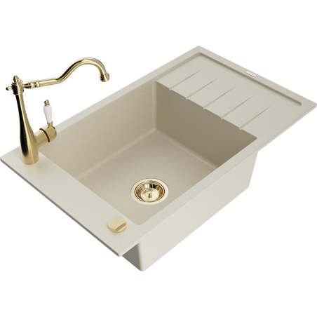 Mexen Elias 1-bowl granite sink with drainer and Carla kitchen tap, beige - 6511-69-670700-50