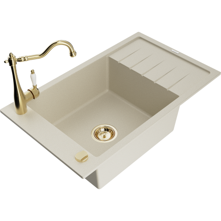 Mexen Elias 1-compartment granite sink with a drip tray and kitchen mixer tap Carla, Beige - 6511-69-670700-50