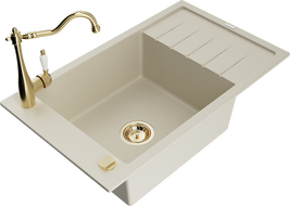 Mexen Elias 1-compartment granite sink with a drip tray and kitchen mixer tap Carla, Beige - 6511-69-670700-50