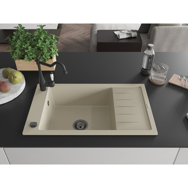 Mexen Elias 1-bowl granite sink with drainer and kitchen faucet Carla, beige - 6511-69-670700-70