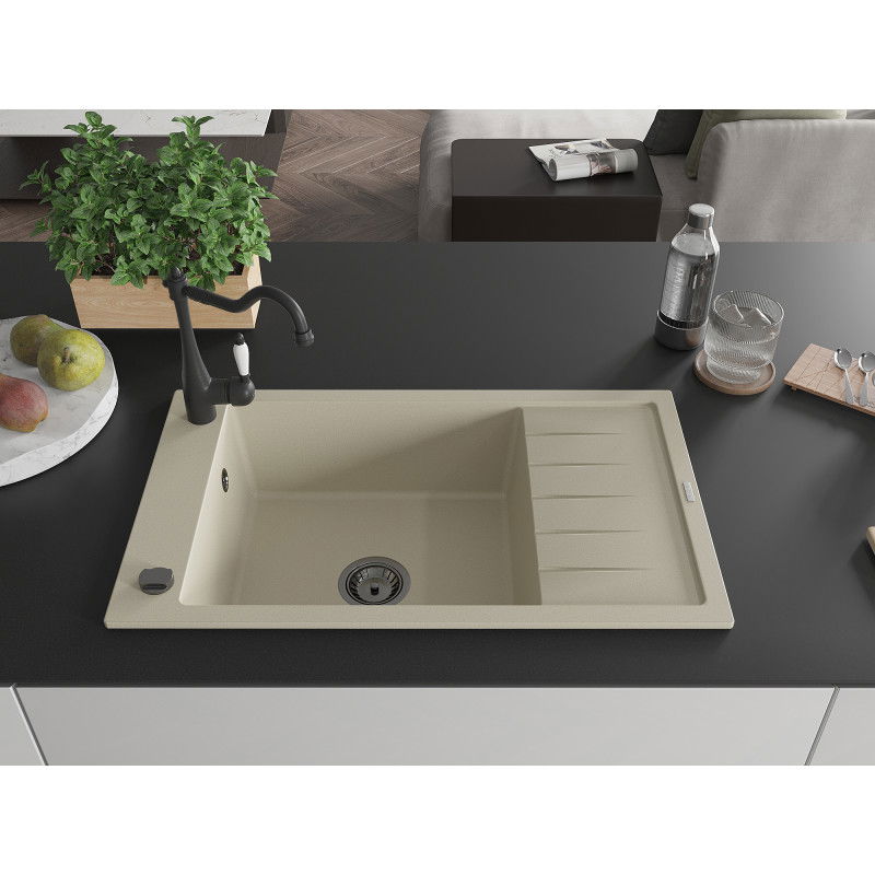 Mexen Elias granite sink 1-bowl with drainer and Carla kitchen tap, beige - 6511-69-670700-70