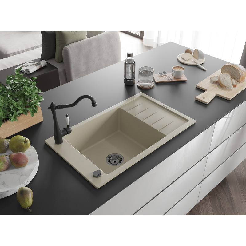 Mexen Elias 1-bowl granite sink with drainer and kitchen faucet Carla, beige - 6511-69-670700-70