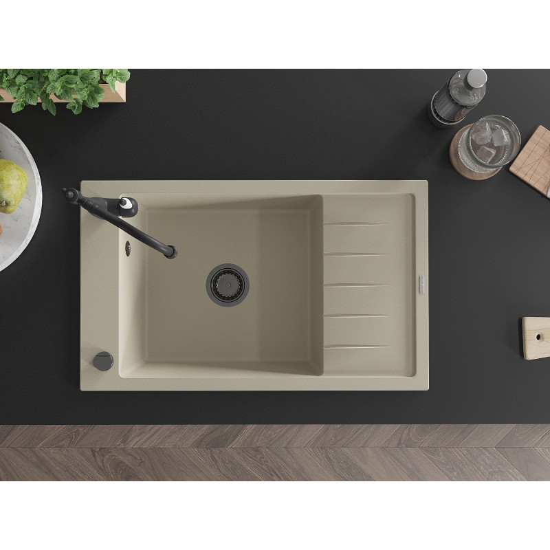 Mexen Elias granite kitchen sink 1-bowl with drainer and kitchen faucet Carla, beige - 6511-69-670700-70