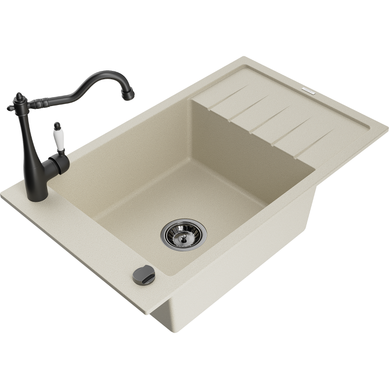 Mexen Elias 1-compartment granite sink with a drip tray and kitchen mixer tap Carla, Beige - 6511-69-670700-70