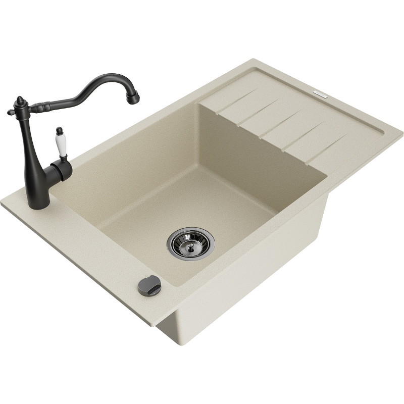 Mexen Elias granite kitchen sink 1-bowl with drainer and kitchen faucet Carla, beige - 6511-69-670700-70