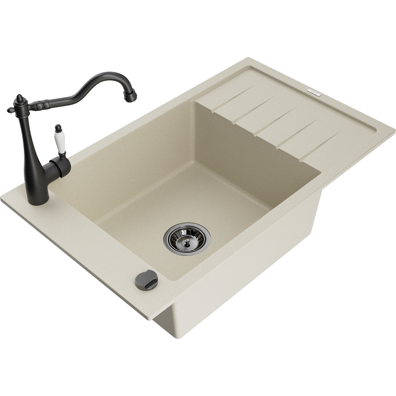 Mexen Elias granite sink 1-bowl with drainer and Carla kitchen tap, beige - 6511-69-670700-70