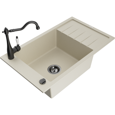 Mexen Elias granite sink 1-bowl with drainer and Carla kitchen tap, beige - 6511-69-670700-70