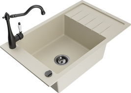 Mexen Elias 1-compartment granite sink with a drip tray and kitchen mixer tap Carla, Beige - 6511-69-670700-70