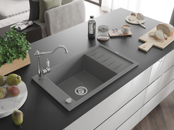 Mexen Elias 1-compartment granite sink with a drip tray and kitchen mixer tap Carla, Grey - 6511-71-670700-00