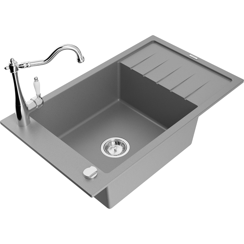 Mexen Elias 1-bowl granite sink with drainer and Carla kitchen tap, grey - 6511-71-670700-00