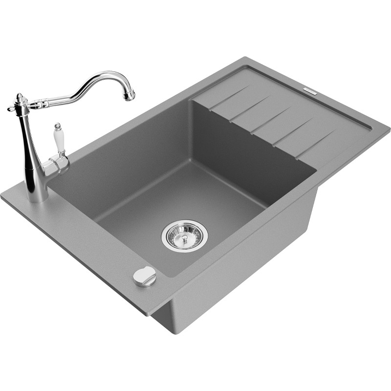 Mexen Elias granite kitchen sink 1-bowl with drainer and kitchen faucet Carla, gray - 6511-71-670700-00