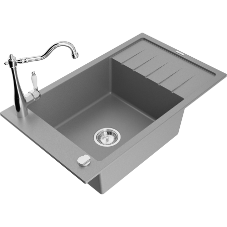 Mexen Elias granite kitchen sink 1-bowl with drainer and kitchen faucet Carla, gray - 6511-71-670700-00