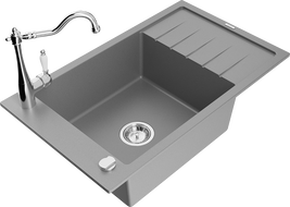 Mexen Elias granite kitchen sink 1-bowl with drainer and Carla kitchen faucet, gray - 6511-71-670700-00
