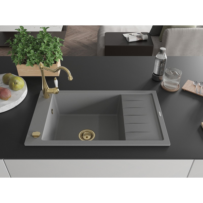 Mexen Elias granite sink single-bowl with drainer and Carla kitchen faucet, gray - 6511-71-670700-50