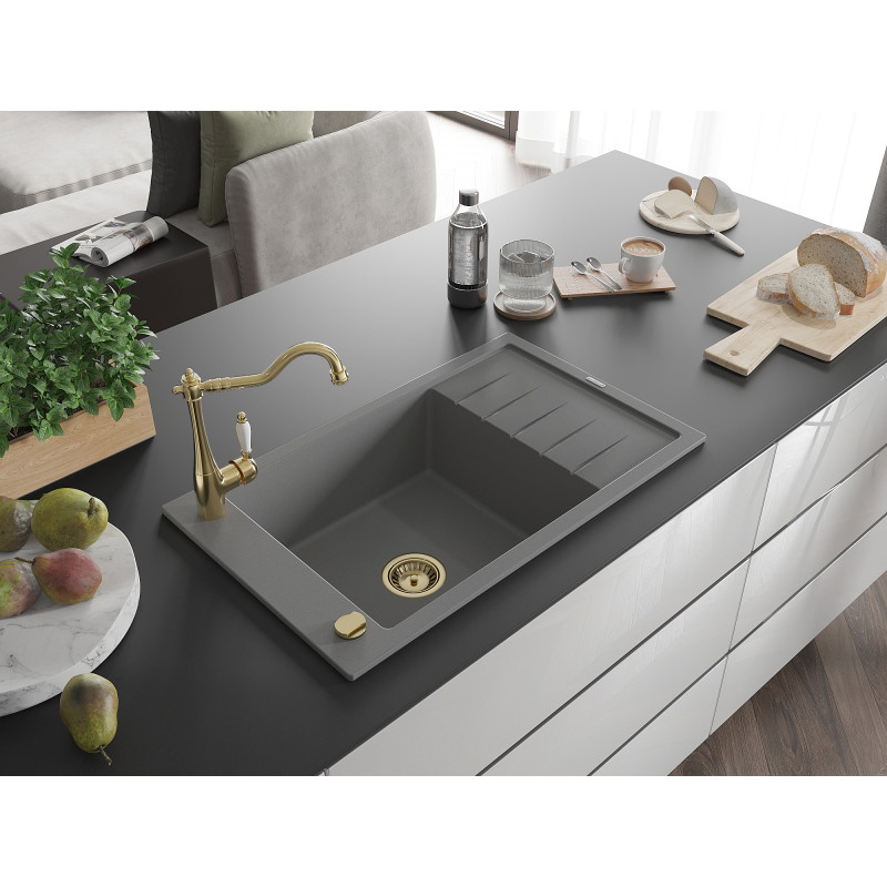 Mexen Elias granite sink single-bowl with drainer and Carla kitchen faucet, gray - 6511-71-670700-50