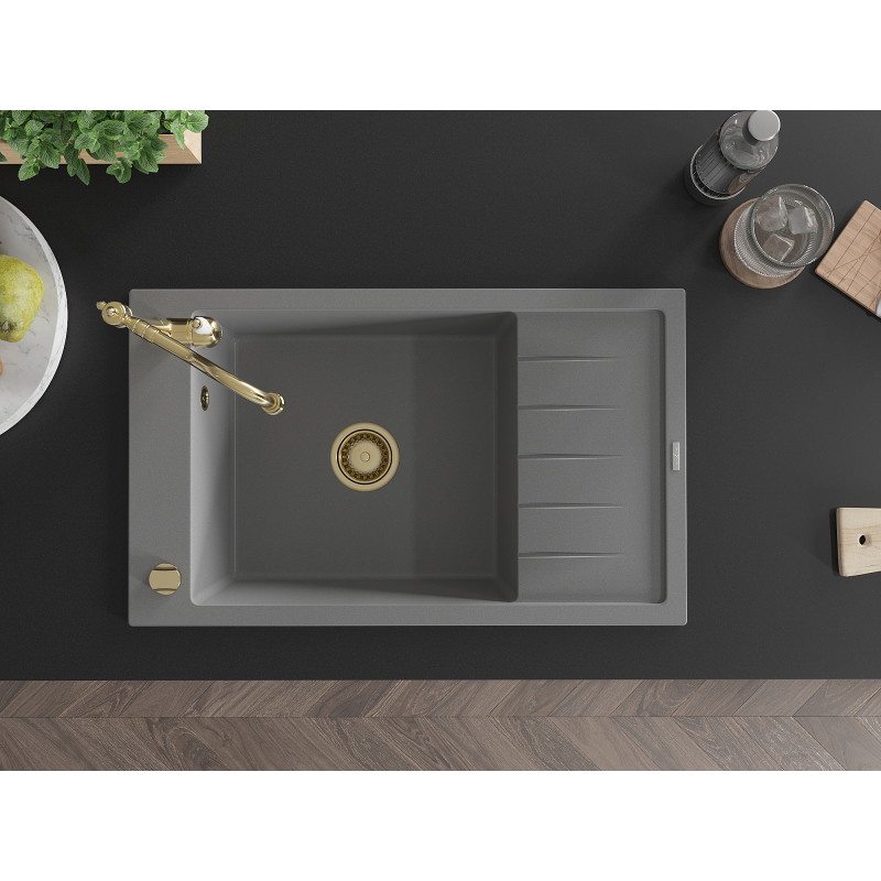 Mexen Elias granite sink single-bowl with drainer and Carla kitchen faucet, gray - 6511-71-670700-50