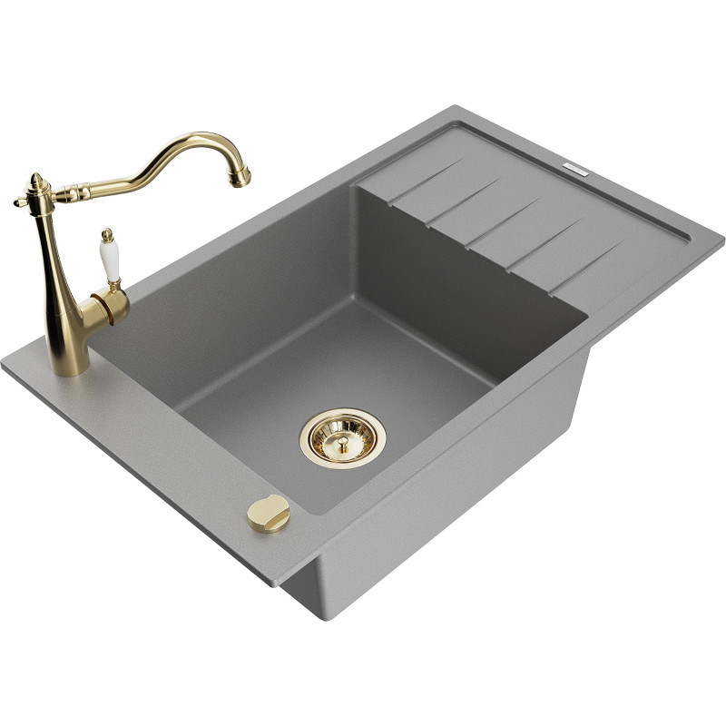 Mexen Elias granite kitchen sink with 1 basin and drainer with Carla kitchen tap, gray - 6511-71-670700-50