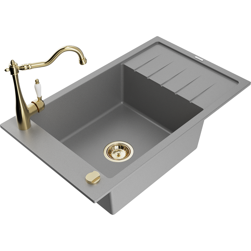 Mexen Elias granite sink 1-bowl with drainer and Carla kitchen tap, grey - 6511-71-670700-50