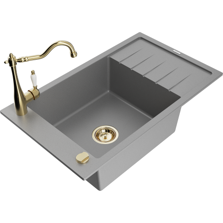 Mexen Elias granite kitchen sink with 1 basin and drainer with Carla kitchen tap, gray - 6511-71-670700-50