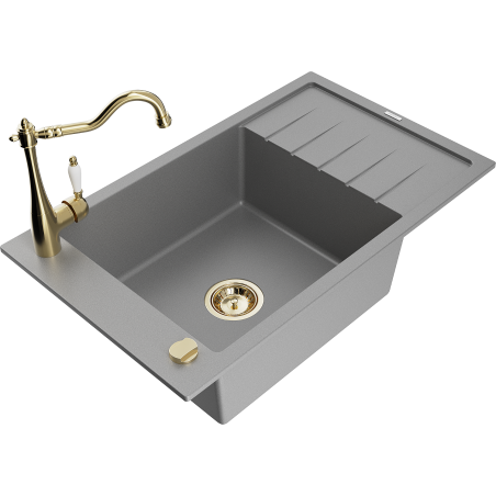 Mexen Elias granite sink 1-bowl with drainer and Carla kitchen tap, grey - 6511-71-670700-50
