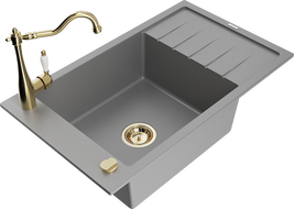 Mexen Elias 1-compartment granite sink with a drip tray and kitchen mixer tap Carla, Grey - 6511-71-670700-50