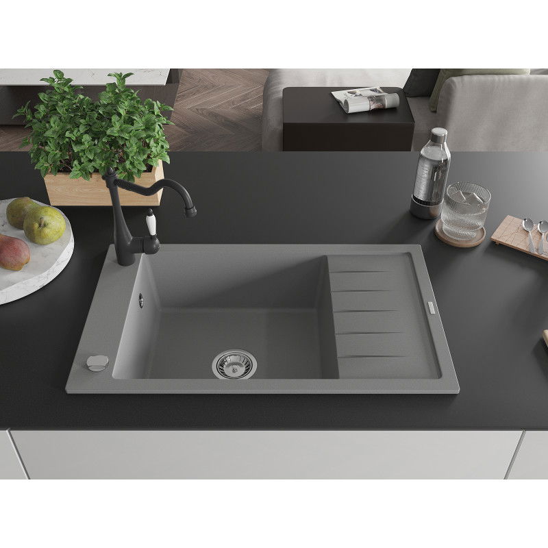 Mexen Elias granite sink 1-bowl with drainer and Carla kitchen tap, grey - 6511-71-670700-70