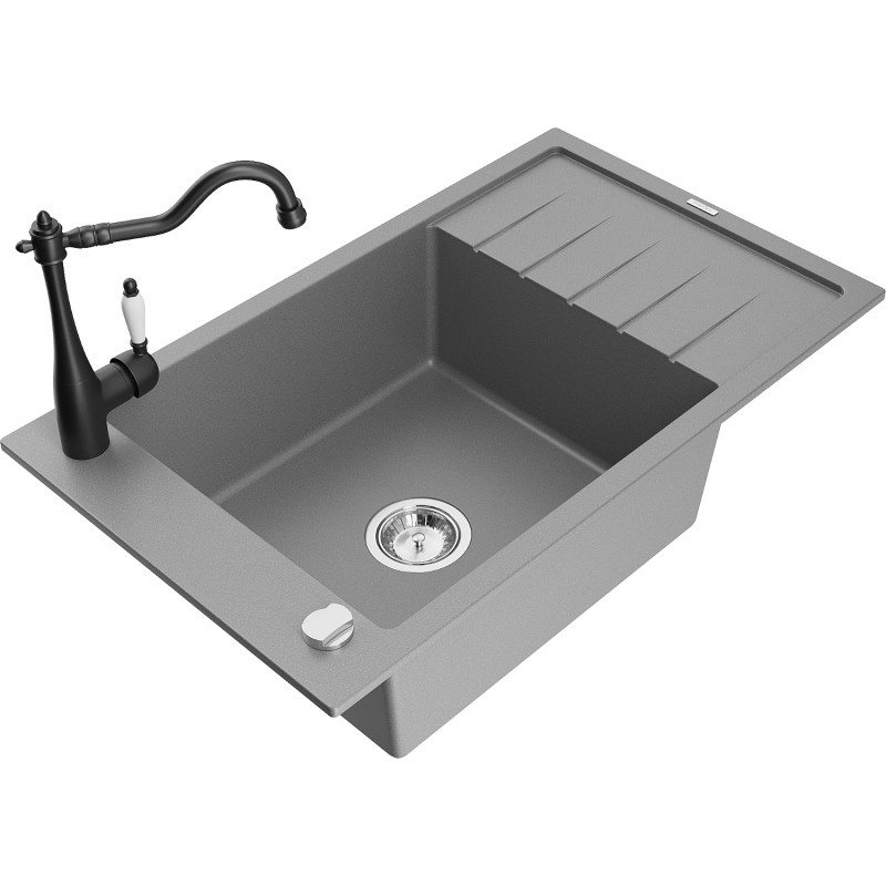 Mexen Elias granit sink 1-bowl with drainer and kitchen faucet Carla, gray - 6511-71-670700-70