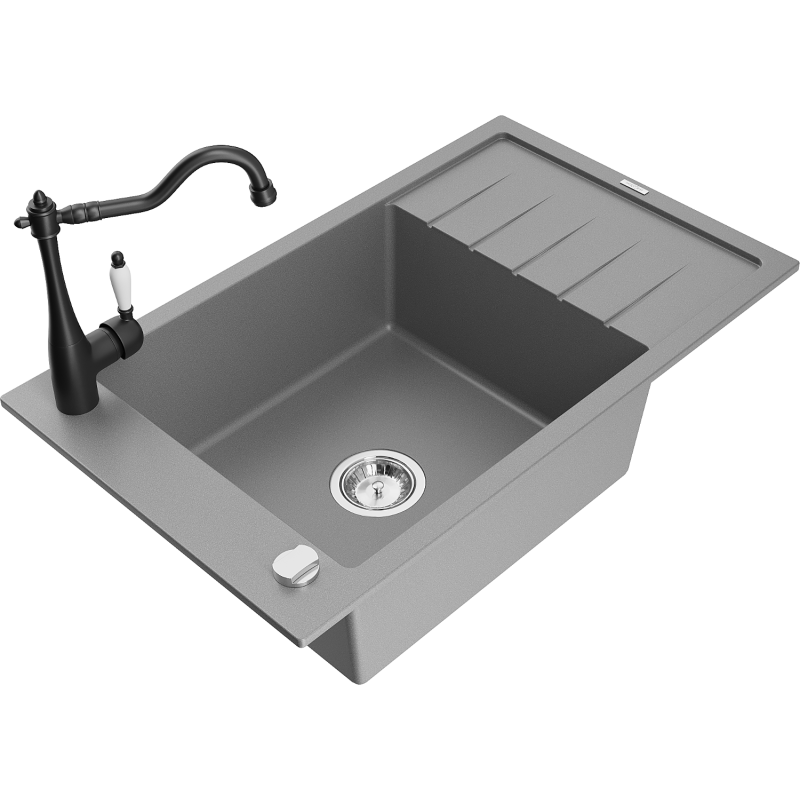 Mexen Elias granite sink 1-bowl with drainer and Carla kitchen tap, grey - 6511-71-670700-70