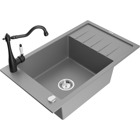 Mexen Elias 1-compartment granite sink with a drip tray and kitchen mixer tap Carla, Grey - 6511-71-670700-70