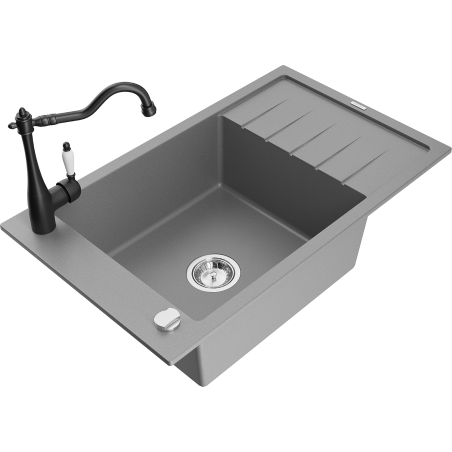 Mexen Elias granite sink 1-bowl with drainer and Carla kitchen tap, grey - 6511-71-670700-70