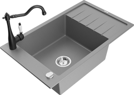 Mexen Elias granite sink 1-bowl with drainer and Carla kitchen tap, grey - 6511-71-670700-70