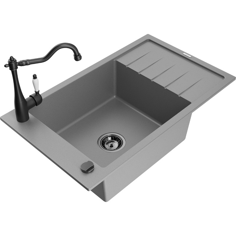 Mexen Elias granite kitchen sink 1-bowl with drainer and kitchen faucet Carla, gray - 6511-71-670700-70-B