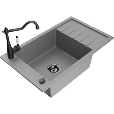 Mexen Elias granite kitchen sink 1-bowl with drainer and kitchen faucet Carla, gray - 6511-71-670700-70-B