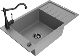 Mexen Elias 1-compartment granite sink with a drip tray and kitchen mixer tap Carla, Grey - 6511-71-670700-70-B