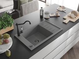 Mexen Elias 1-compartment granite sink with a drip tray and kitchen mixer tap Carla, Grey - 6511-71-670700-70-B