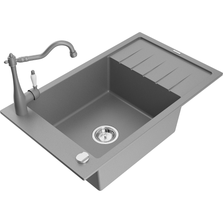 Mexen Elias 1-bowl granite kitchen sink with drainer and Carla kitchen faucet, gray - 6511-71-670700-71