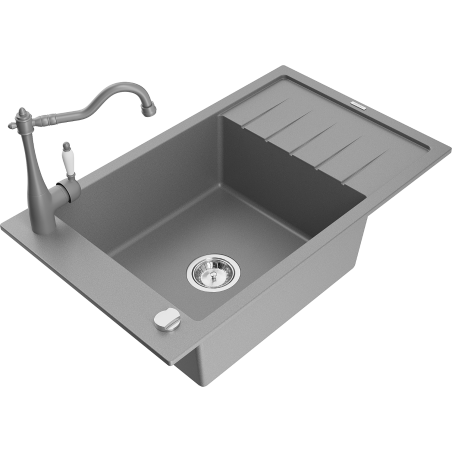 Mexen Elias single-bowl granite sink with drainer and Carla kitchen tap, grey - 6511-71-670700-71