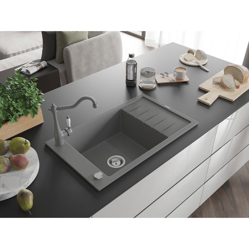 Mexen Elias single-bowl granite sink with drainer and Carla kitchen tap, grey - 6511-71-670700-71