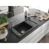 Mexen Elias 1-bowl granite sink with drainer and kitchen faucet Carla, black/silver metallic - 6511-73-670700-00